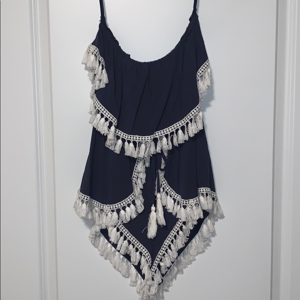 Surf Gypsy Strapless Navy Tassel Romper